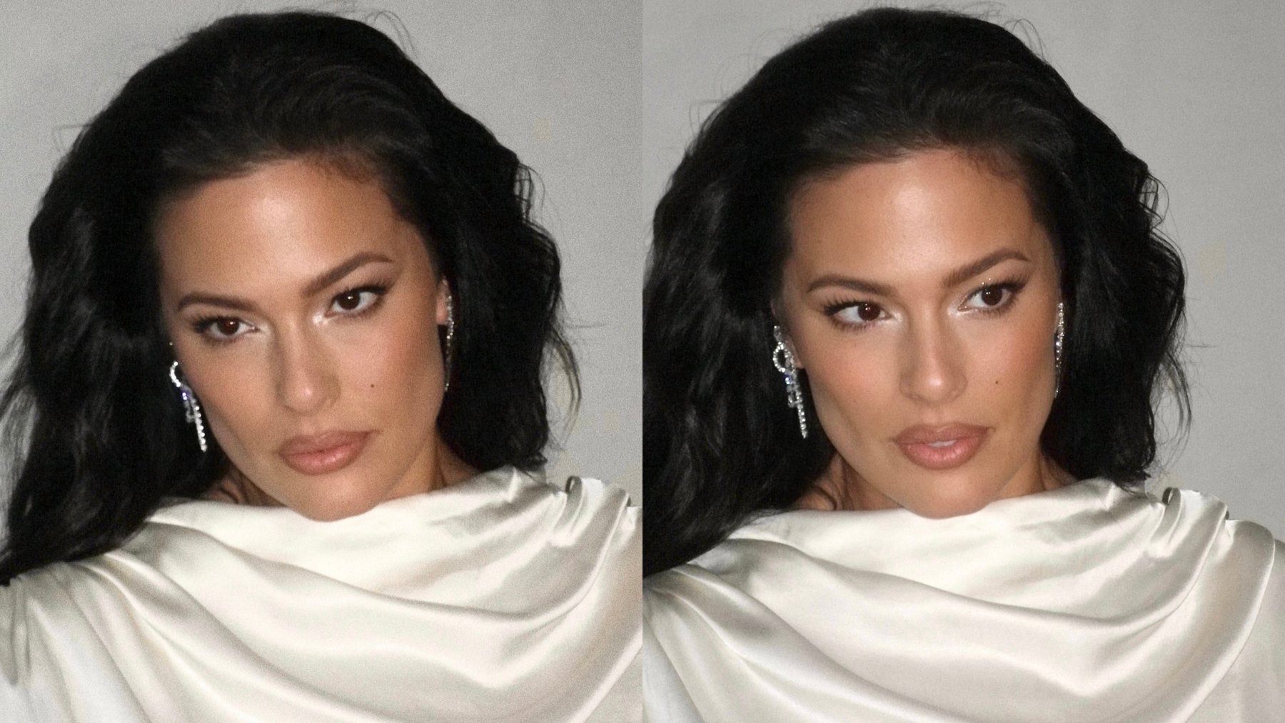 Two close portraits of Ashley Graham side by side, voluminous dark waves