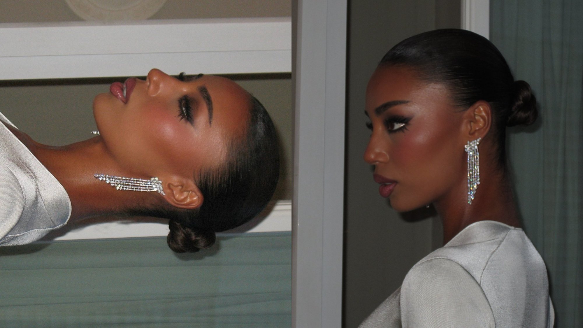 Two portraits of Uma Jammeh in Paris: a sleek low bun with crystal fringe earrings, one shot inverted