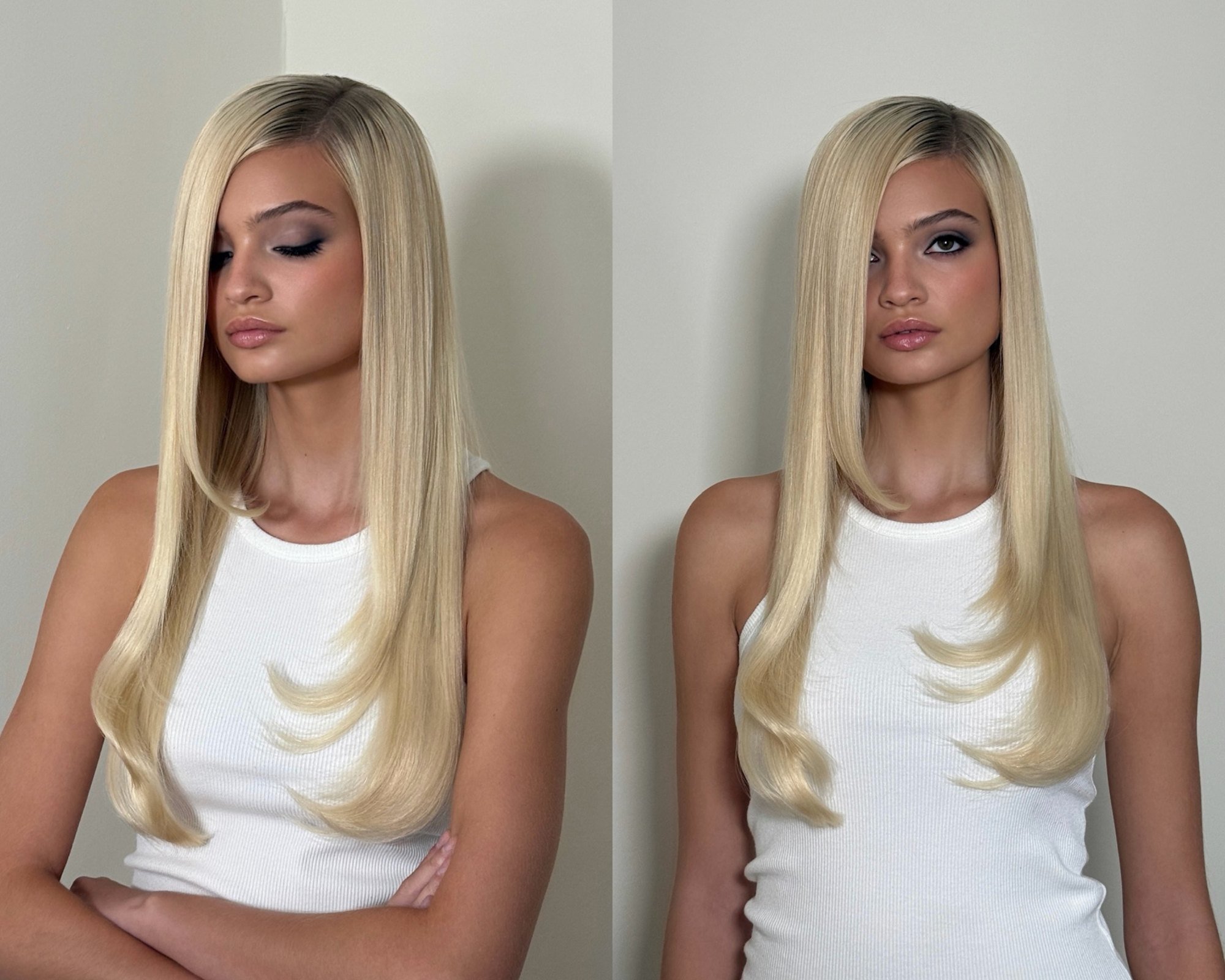 Two portraits of Elle Quist against a pale wall, long sleek platinum hair with face-framing curved ends