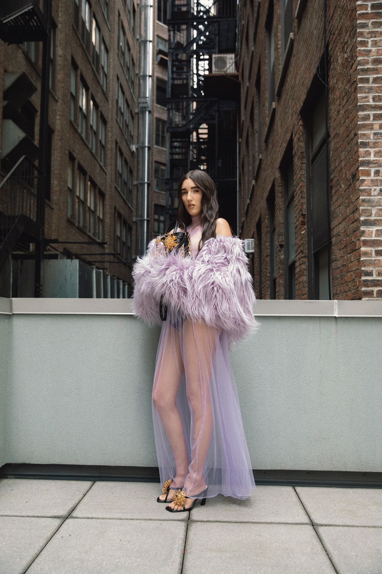 Judeline on a New York rooftop between brick buildings in sheer lilac tulle