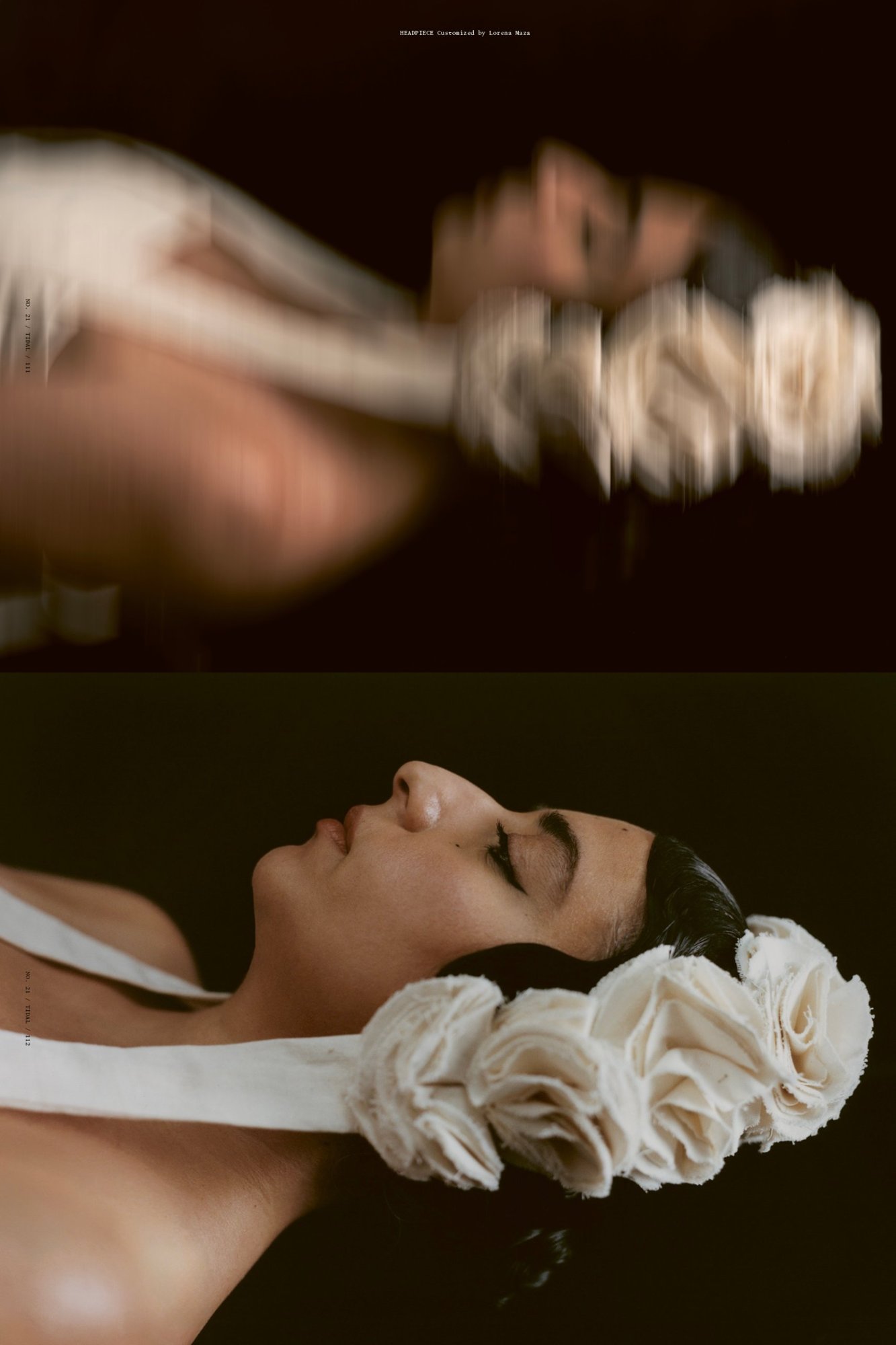 Magazine spread from Tidal issue 21: Arooj Aftab reclining in the rose headpiece, shown blurred above and sharp below